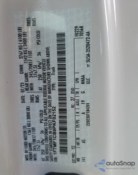 2023 Ford F150 from USA, damaged, VIN 1FTMF1CB9PKF02152